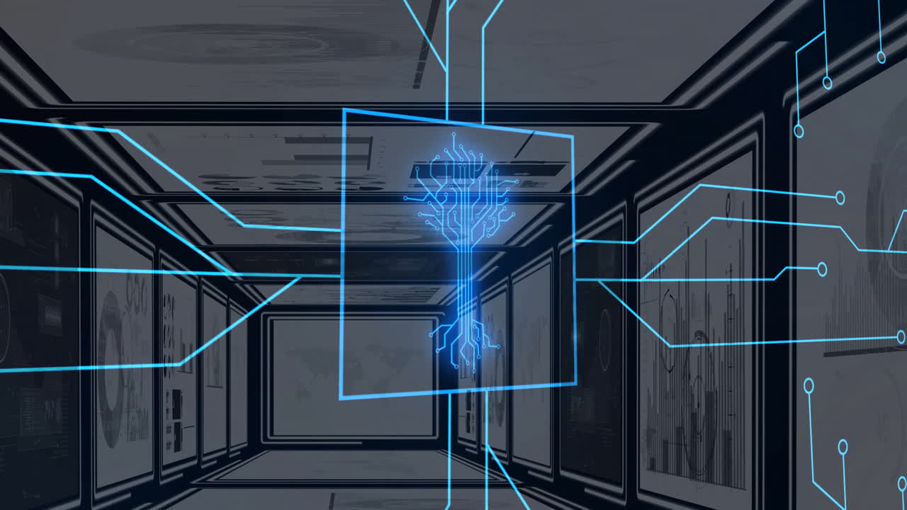Digital circuit tree animating over futuristic hallway with multiple screens