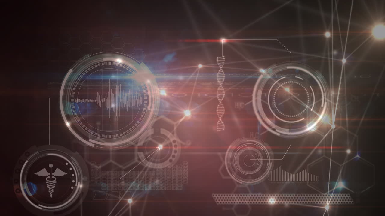 Animation of network of connections over data processing on black background