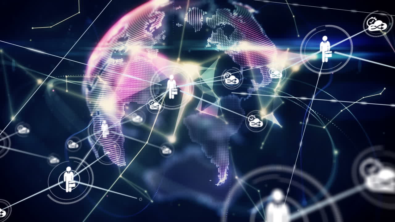 빛나는 반점이 있는 전 세계에 있는 사람들과의 연결 네트워크의 애니메이션 아이콘