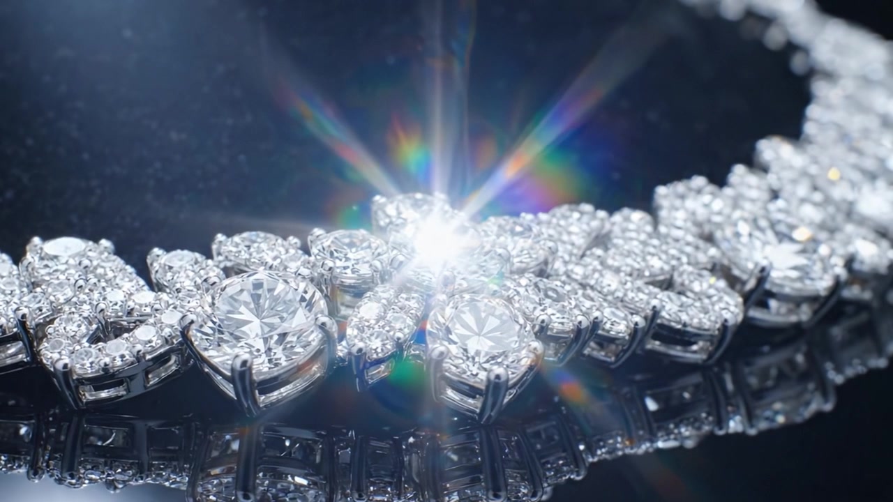 Schimmernde Eleganz: Eine Nahaufnahme einer atemberaubenden Diamantkette, die aufwendiges Design und luxuriöses Funkeln auf einer schimmernden Oberfläche zeigt