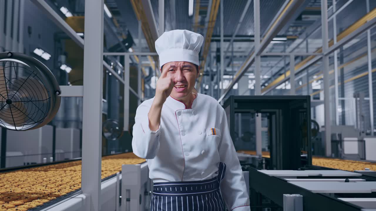 Chef asiatico che urla alla fotocamera, mentre è in piedi, accanto a una linea di produzione automatizzata di biscotti in una fabbrica moderna.