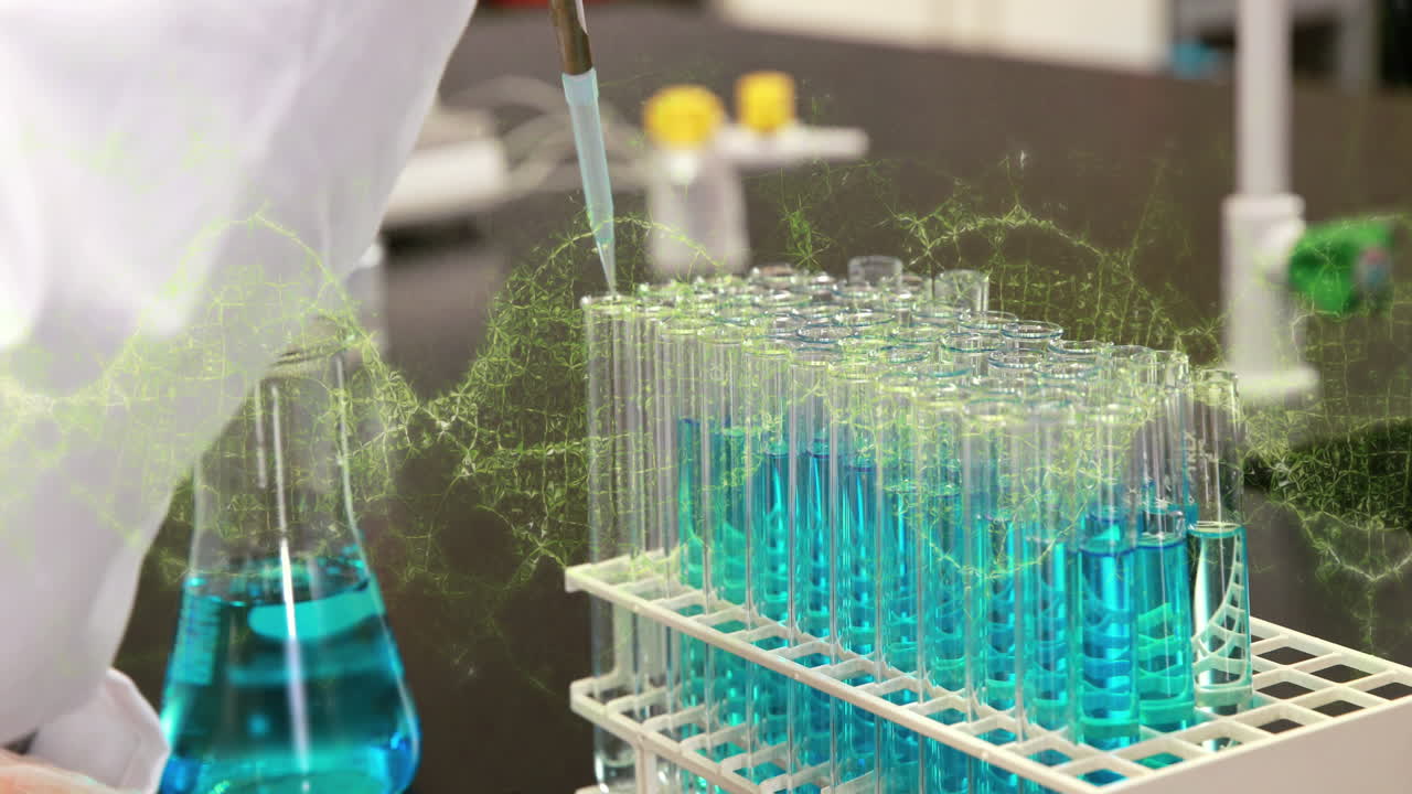 Animation of illuminated dna helix over cropped hand of scientist injecting liquid in test tubes