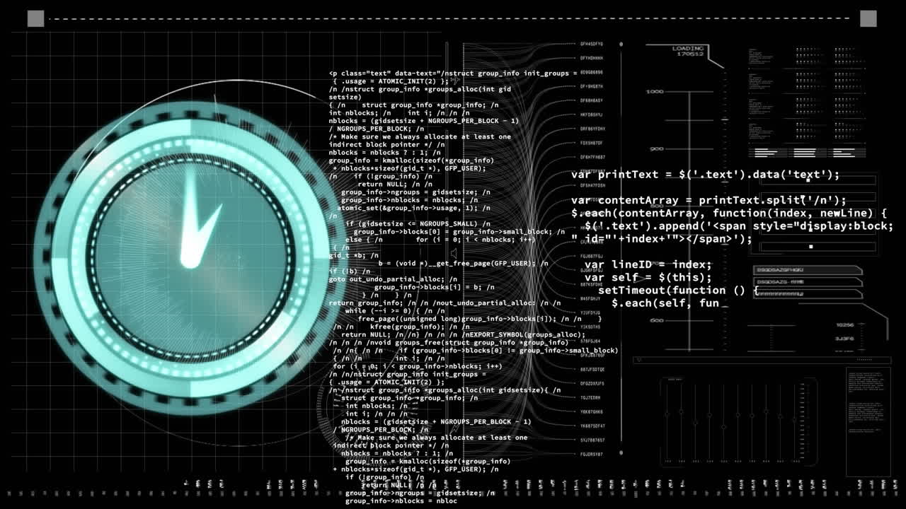 Animation of data processing with scope scanning with clock on black background