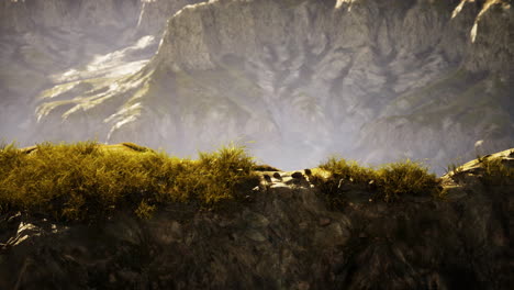 Aerial-view-of-ridge-in-massif-with-mountain-huts