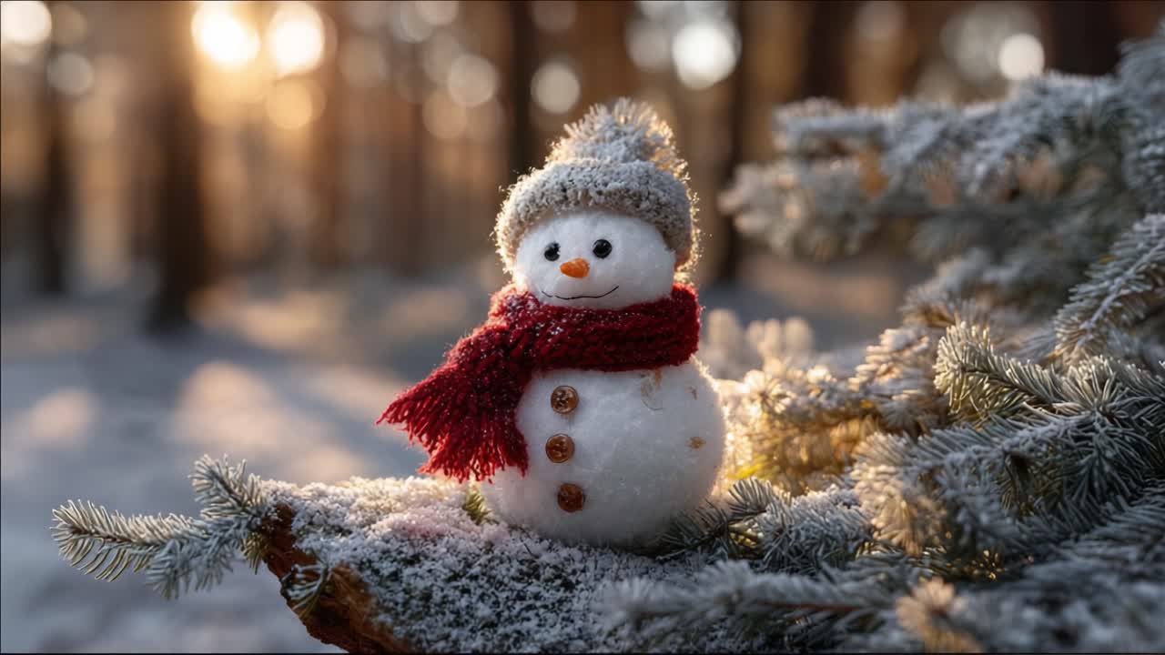 A Charming Snowman Surrounded by Twinkling Snowy Pines Capturing the Enchantment of Winter's Golden Light and the Joy of the Holiday Season