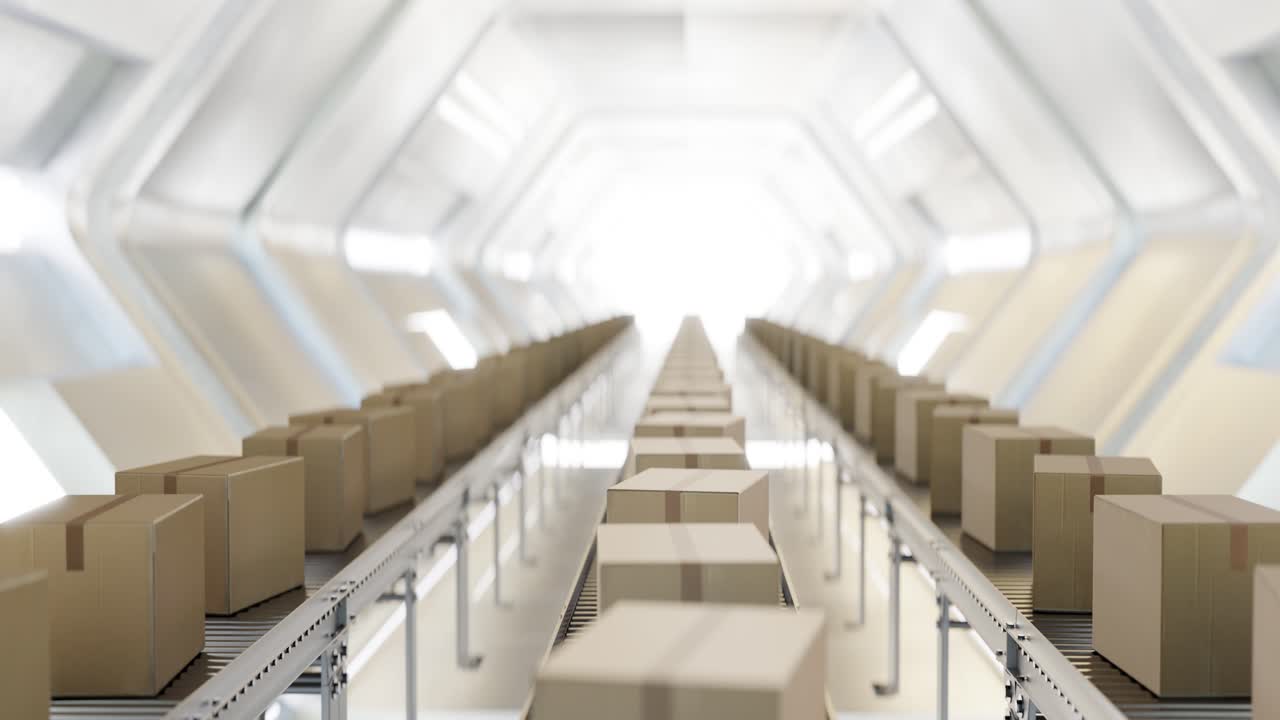3D animation loop of carton boxes on conveyor system to warehouse at illuminated factory
