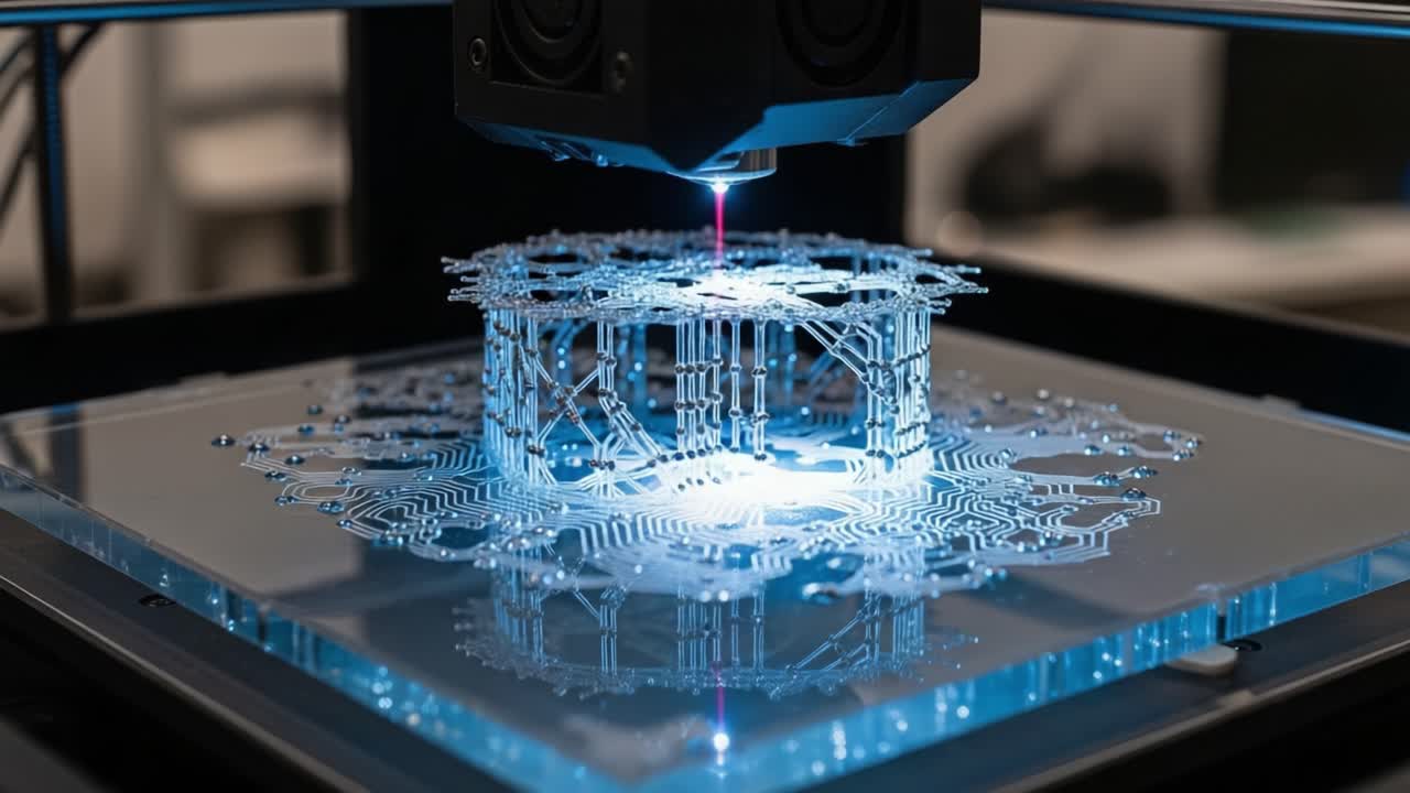 Capturing the Intricacies of a Cutting-Edge 3D Printing Process: Illuminated Layers and Detailed Designs in a High-Tech Fabrication Environment