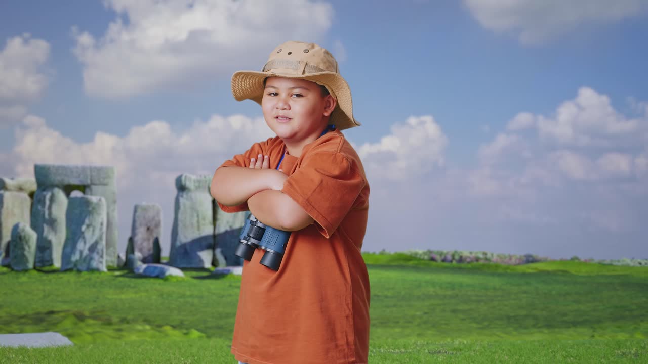 Asian Boy With A Hat And Binoculars Crossing Arms And Smiling To Camera While Traveling In Stonehenge. Boy Researcher Examines Something, Travel Tourism Adventure, Side View