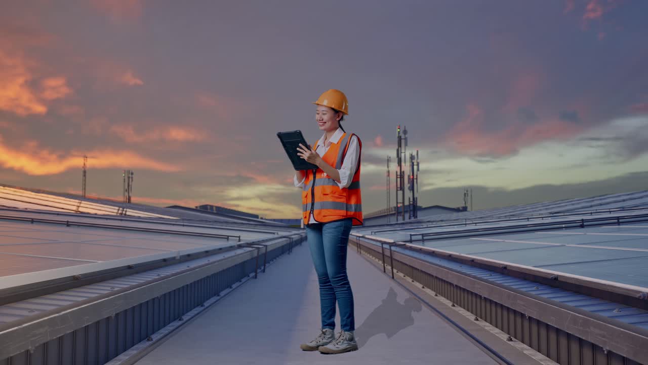 Fuld kropssideprofil af asiatisk kvindelig ingeniør med sikkerhedshjelm, der arbejder på en tablet, mens hun står og inspicerer industrielle tagmonterede solcellepaneler.