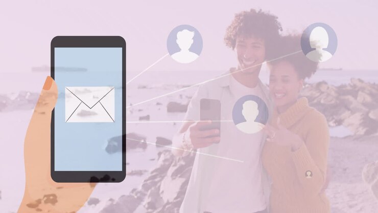 Taking selfie on beach, people with digital communication icons animation overlay