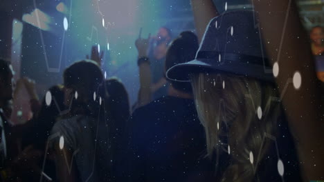 woman raising arm in club concert, showing music tech overlay connecting nodes above dancing crowd