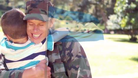 Animation-of-flag-of-honduras-over-happy-caucasian-soldier-mother-and-her-son-embracing