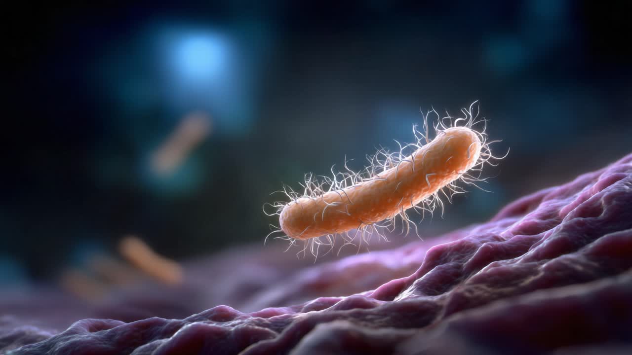 Close-Up of Bacteria with Flagella Moving on a Cellular Surface in a Microscopic Environment, Showcasing Unique Structures and Movement Patterns in Detail