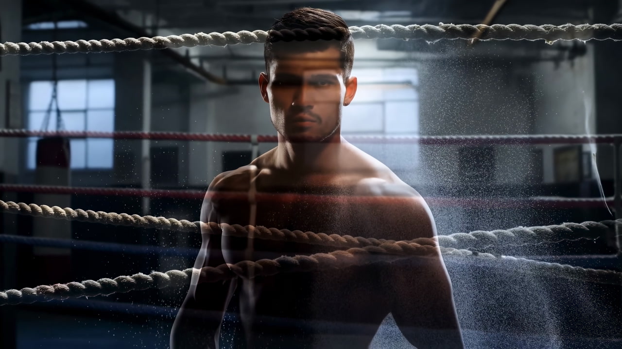 Shirtless Boxer In Dim Boxing Ring Standing Between Ropes, Sweat Mist Illuminated By Spotlight, Dramatic
