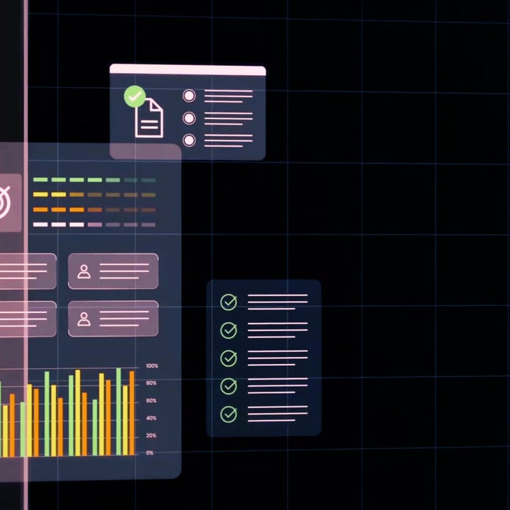 Animated Digital Interface Showing Data Analytics and Task Completion