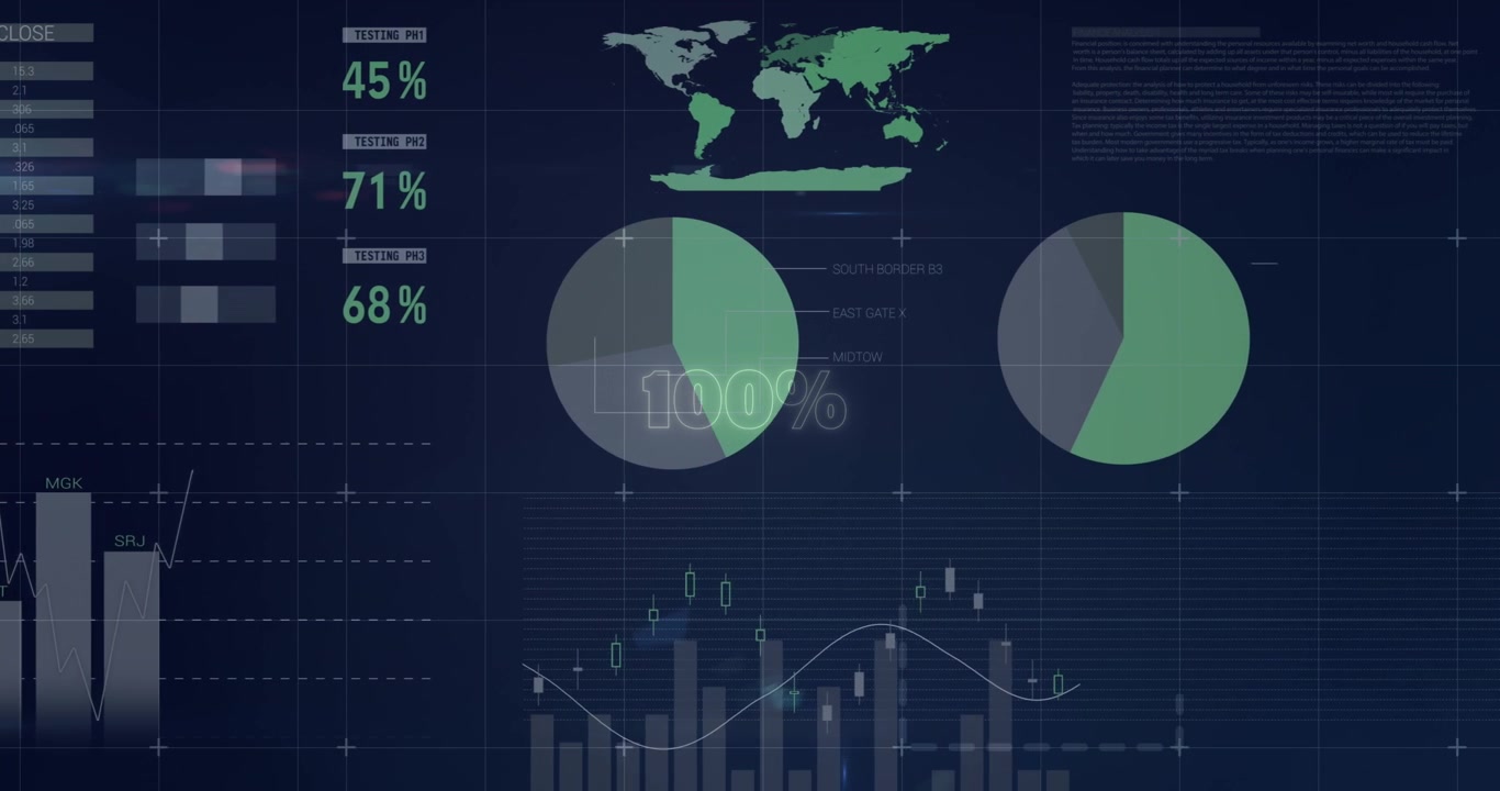 Animation of 100 percent over neon round banner and statistical data processing on blue background