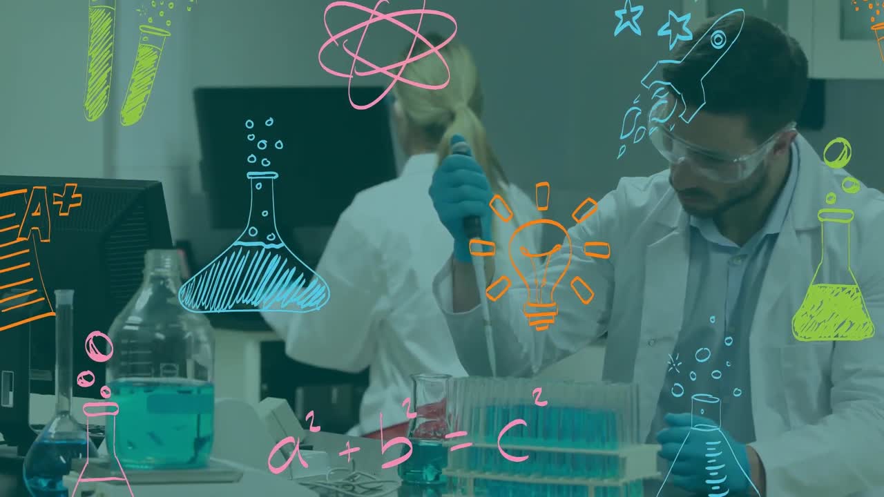 animación de múltiples iconos de conceptos científicos sobre un científico caucásico que trabaja en un laboratorio