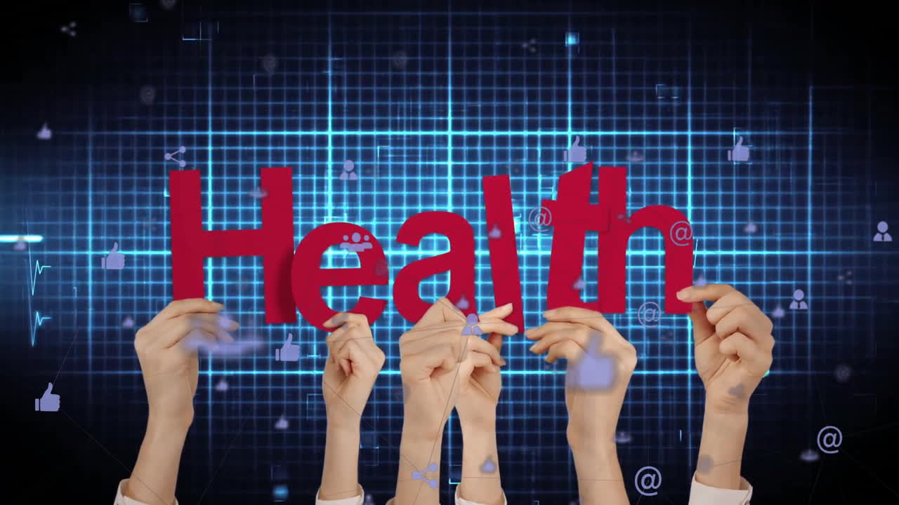 Holding Health text, hands above digital grid background with animation icons