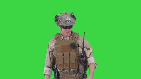 talking emotionaly soldier complaiting about something on a green screen, chroma key