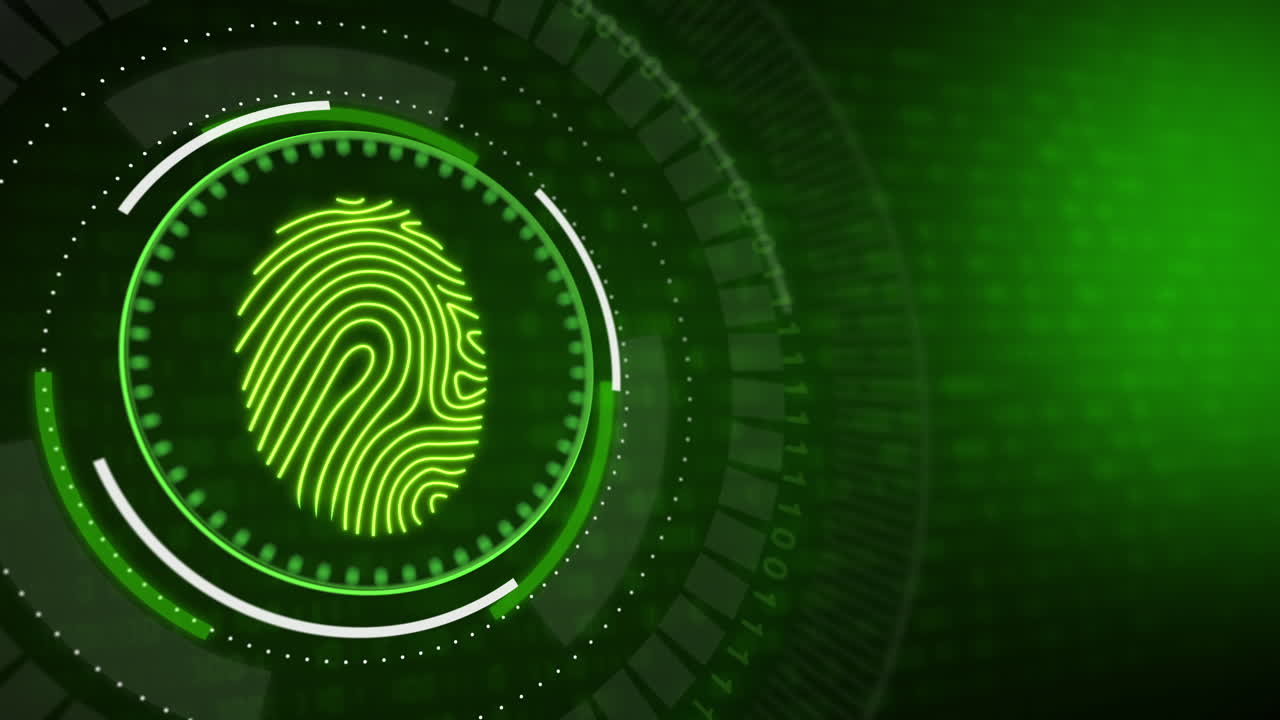 Round button with fingerprint scan. HUD animation of virtual computer cyber security elements on a green background with binary code.