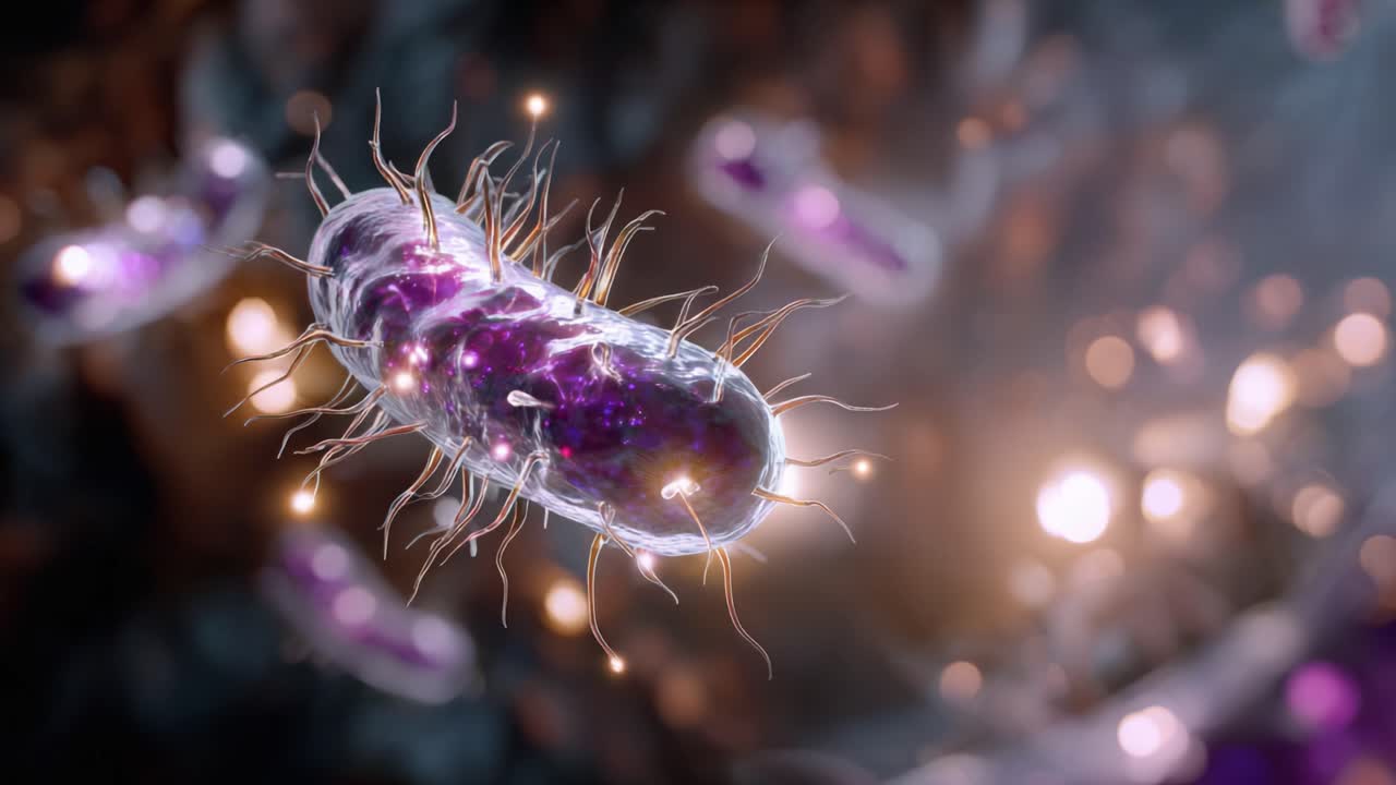 Intricate Representation of Bacteria with Vibrant Colors and Hair-like Structures, Showcasing Microbial Life in a Stunning Close-Up Perspective