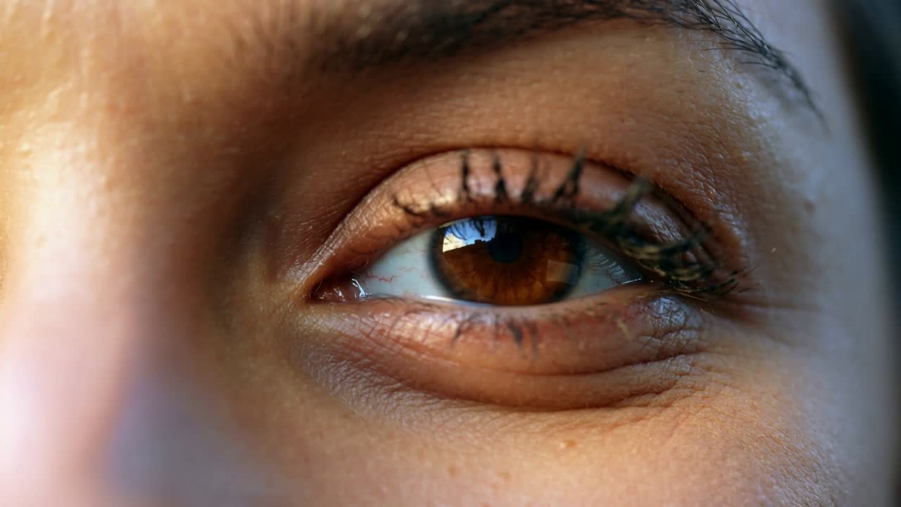 Primo piano dell'occhio destro di una donna che guarda vicino a una finestra, con piccoli battiti di ciglia a causa della luce intensa, iride marrone e mascara.