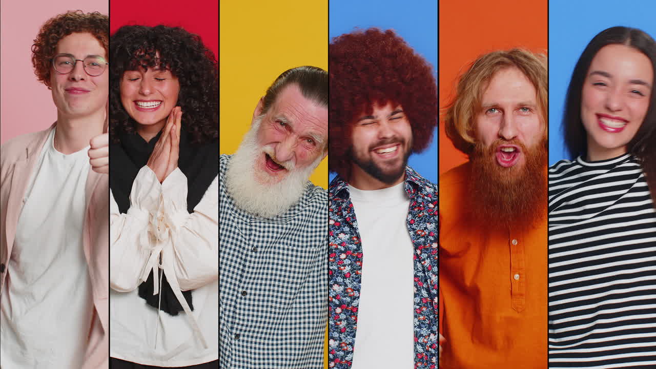 коллаж улыбающихся счастливых людей мужчины женщины празднуют успех игра победа выиграть хорошие положительные новости