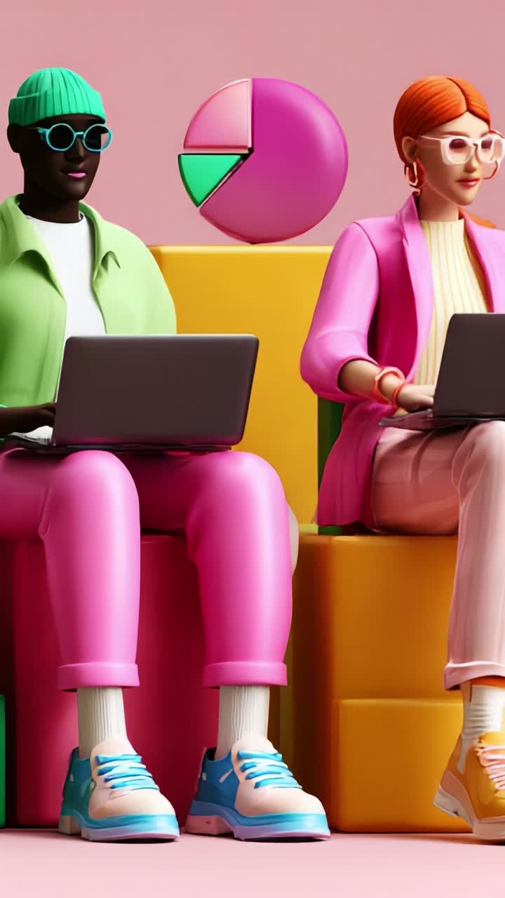 Vibrant 3D Animated Duo Engaged in Digital Work with Colorful Geometric Shapes, Reflecting Modern Collaboration and Creativity in a Playful Environment