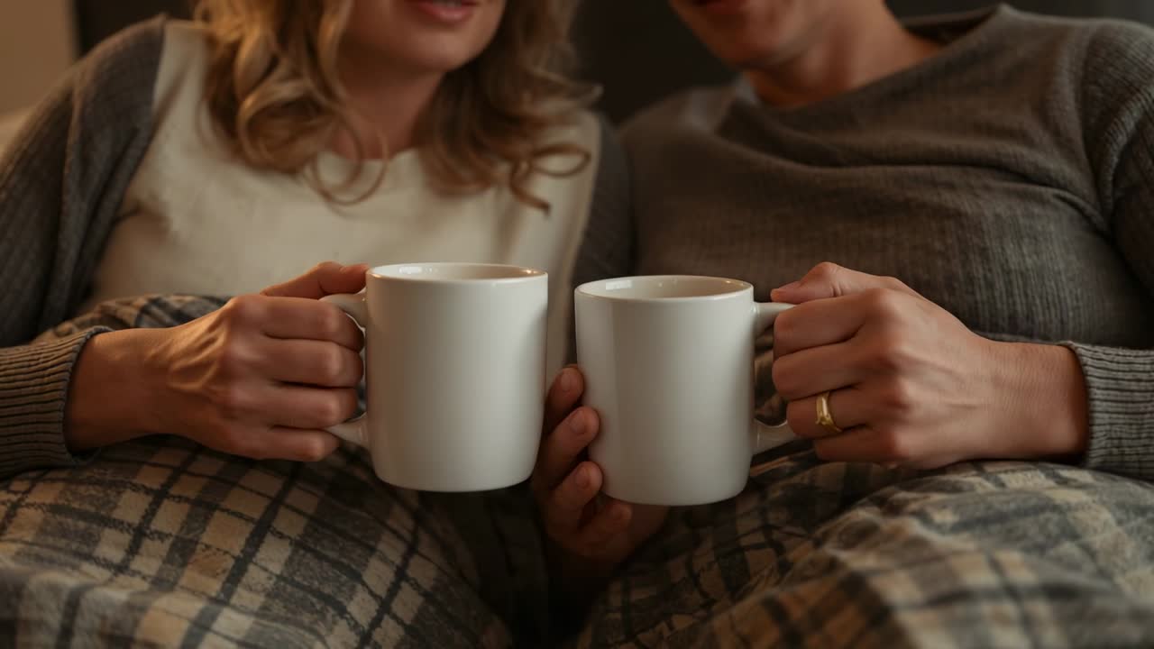 Coppia abbracciata sul divano sotto un plaid, che si avvicina con delle tazze bianche, condividendo il calore; anello visibile