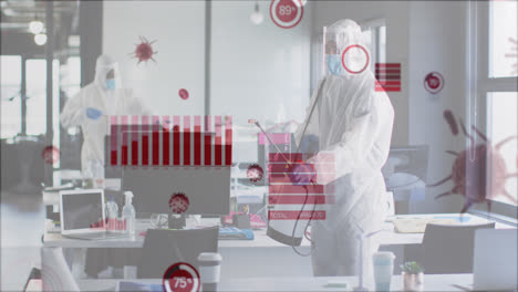 animation of data processing over people with safety suits disinfecting office