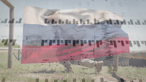 animación de procesamiento de datos sobre la bandera de rusia y caucásica mujer soldado