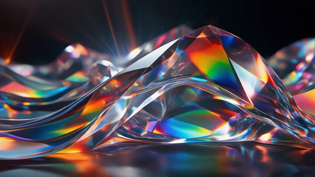 Movimento Astratto di Onde di Vetro Iridiscenti con Rifrazione della Luce Prismatica