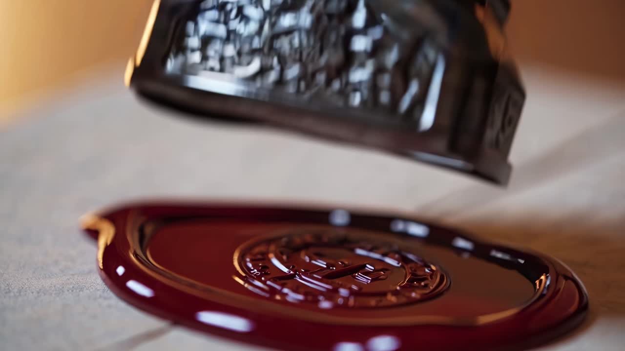 Close-up video of a hand pressing an ornate metal seal into red wax on parchment