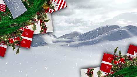 animación de regalos y nieve cayendo sobre el paisaje de invierno