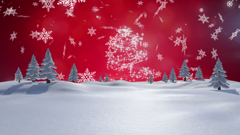 Animation-of-snow-falling-over-trees-on-red-background