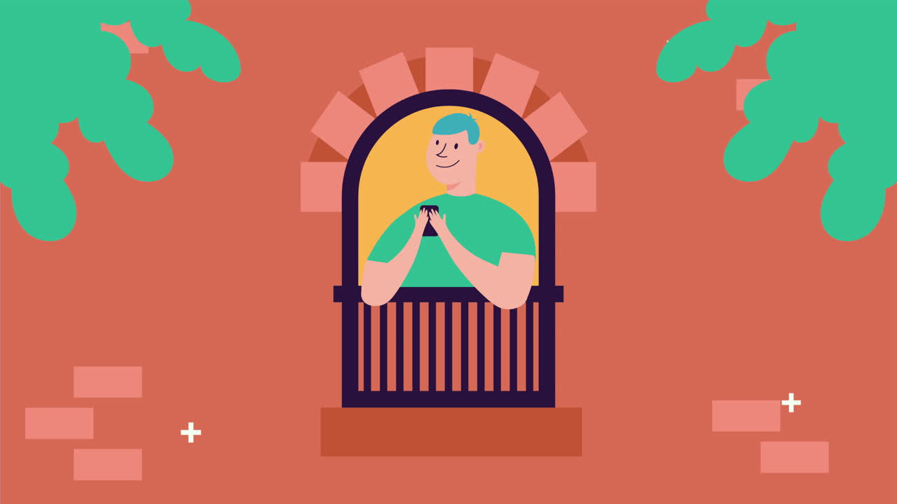 아파트 창문에서 스마트폰을 사용하는 남자 집에 머물 캠페인