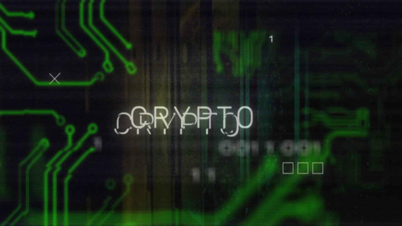 Animation of crypto text over data processing and server room