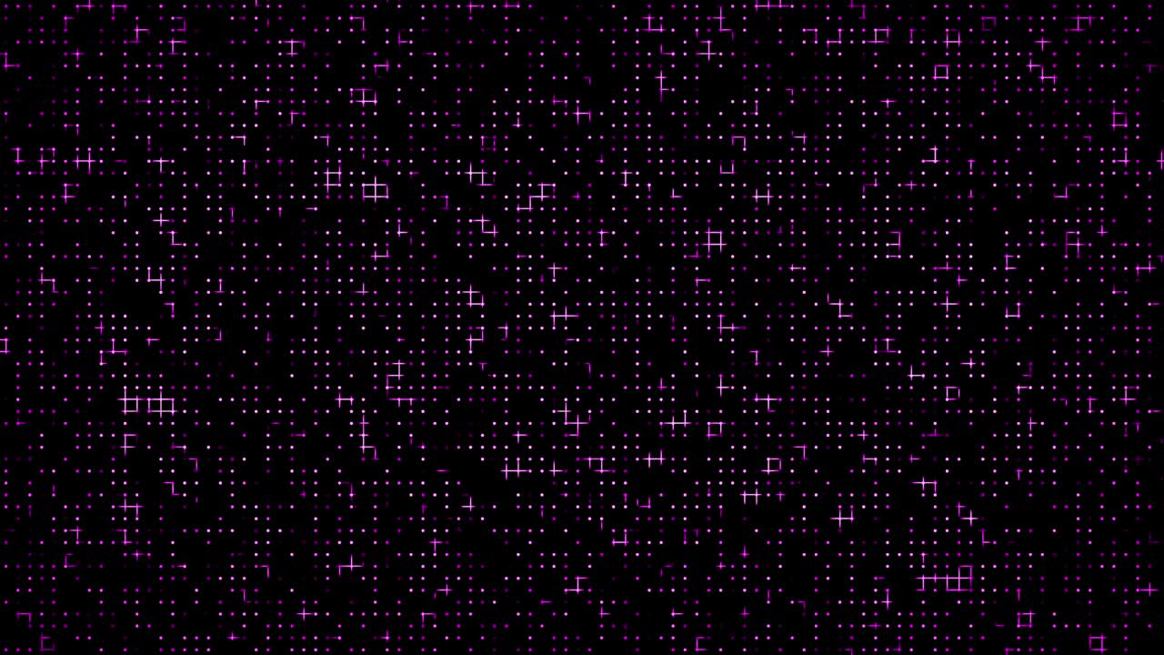 무결한 추상적인 검은색 배경과 애니메이션 보라색 네온 조명 및 점. 기술의 기하학적 패턴