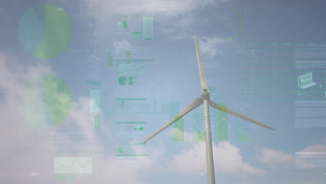 animation of statistics processing over wind turbine and clouds