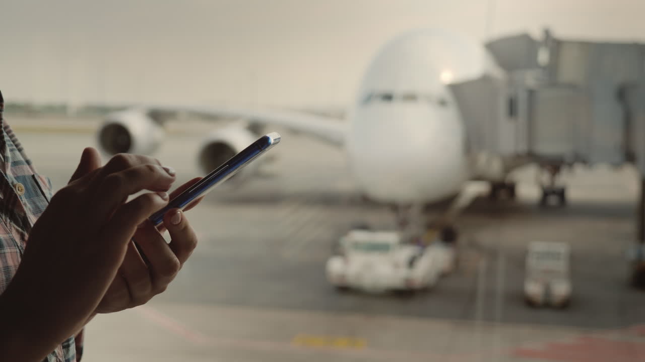 las manos de una mujer con un smartphone escriben un mensaje en el fondo del avión fuera del aeropuerto