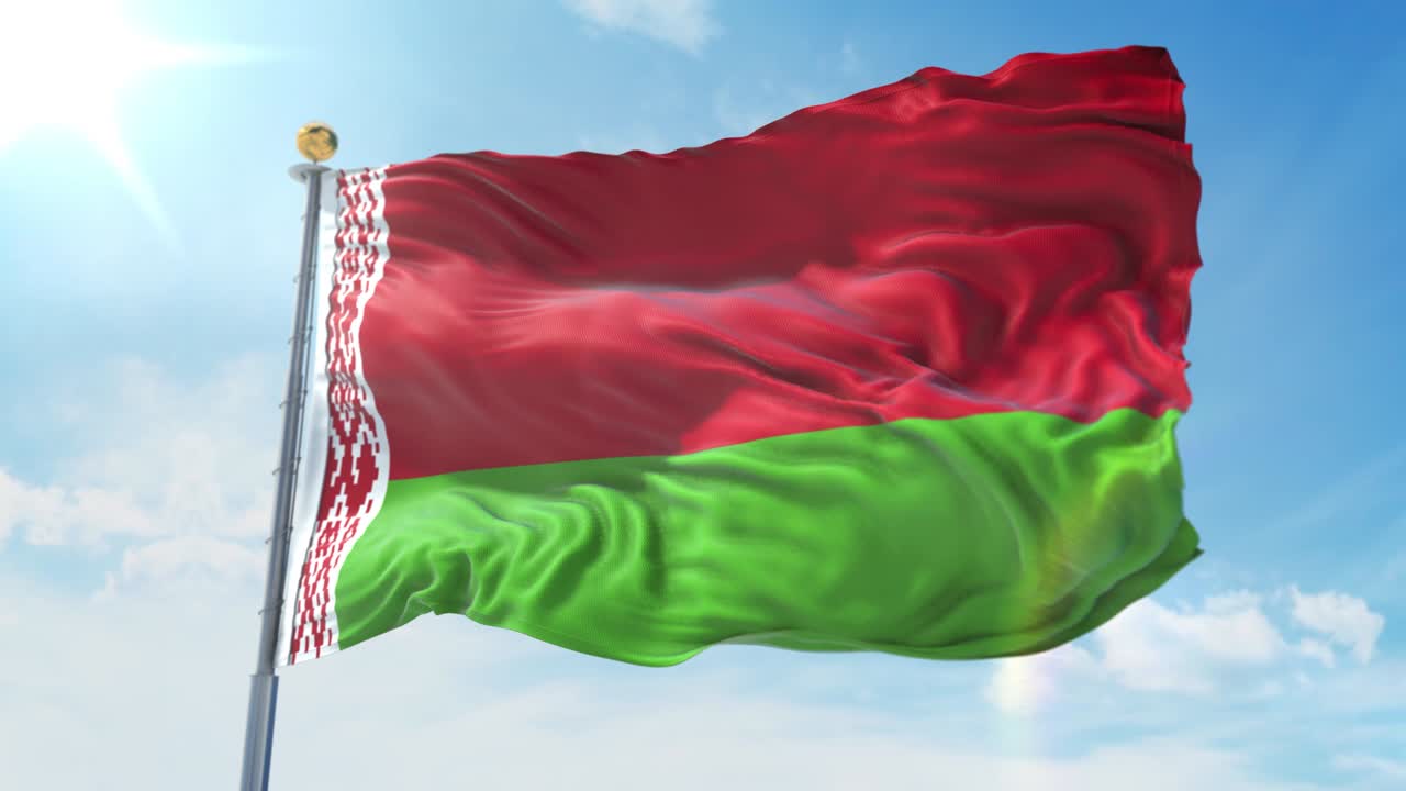 Belarus flag waving in the wind against deep blue sky. National theme, international concept. 3D Render Seamless Loop 4K