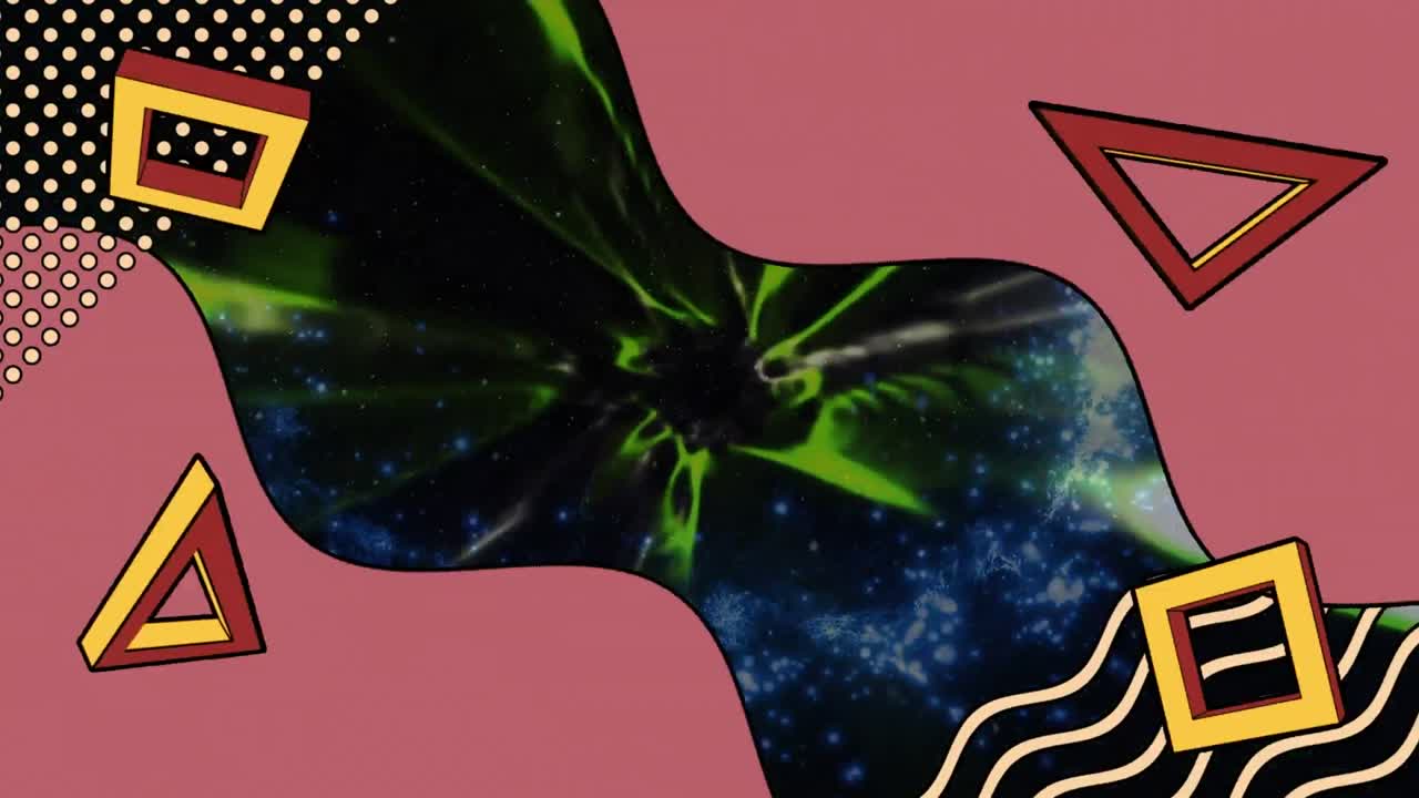 animación de formas geométricas sobre patrones abstractos contra el túnel espacial en el fondo.