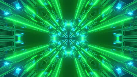 animation of immersing through long hollow space tunnel with converging bright green lines towards the center