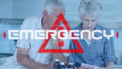 word emergency written over red triangle over senior couple in the background. covid-19 spreading