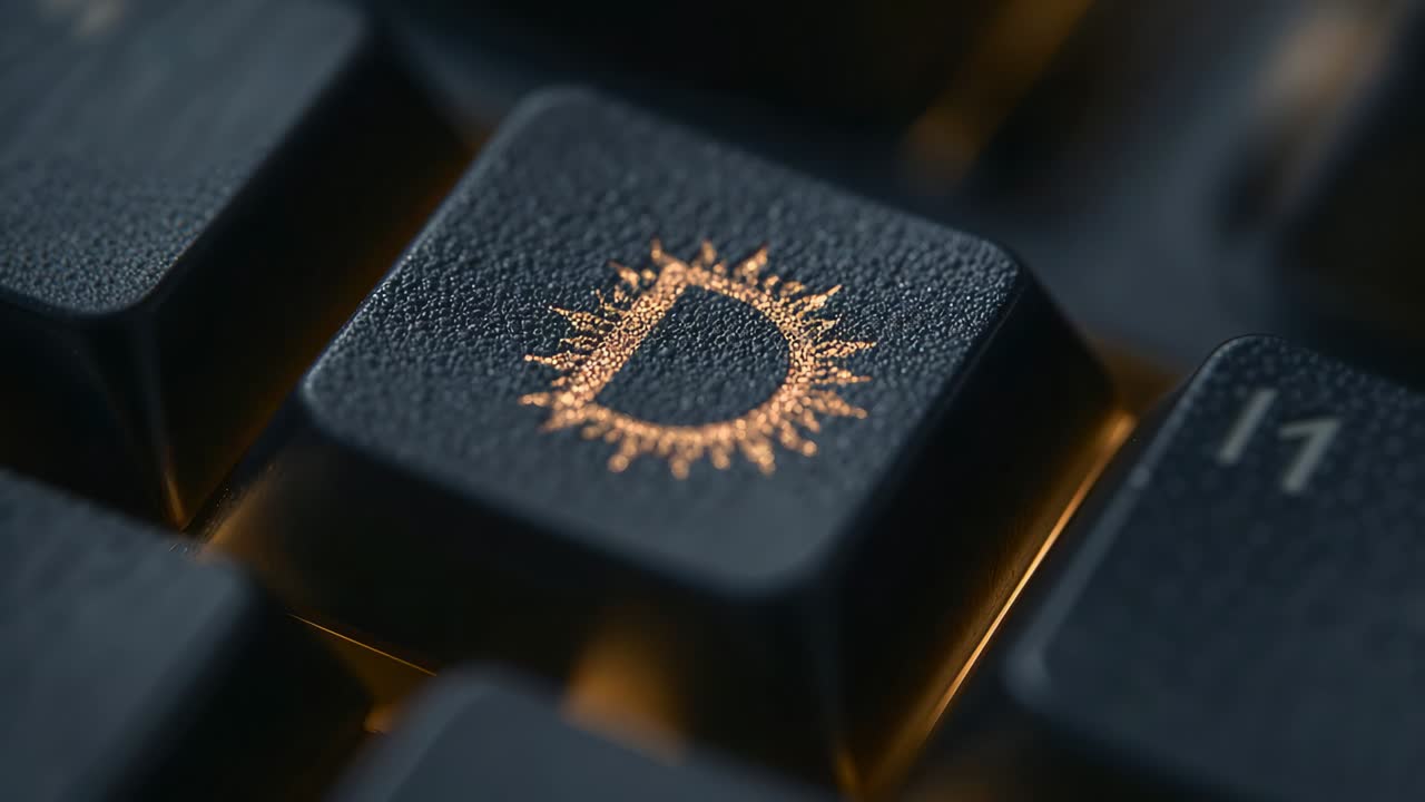 Pulling camera back, tilting revealing amber-lit keycap on keyboard highlighting bronze D sunburst