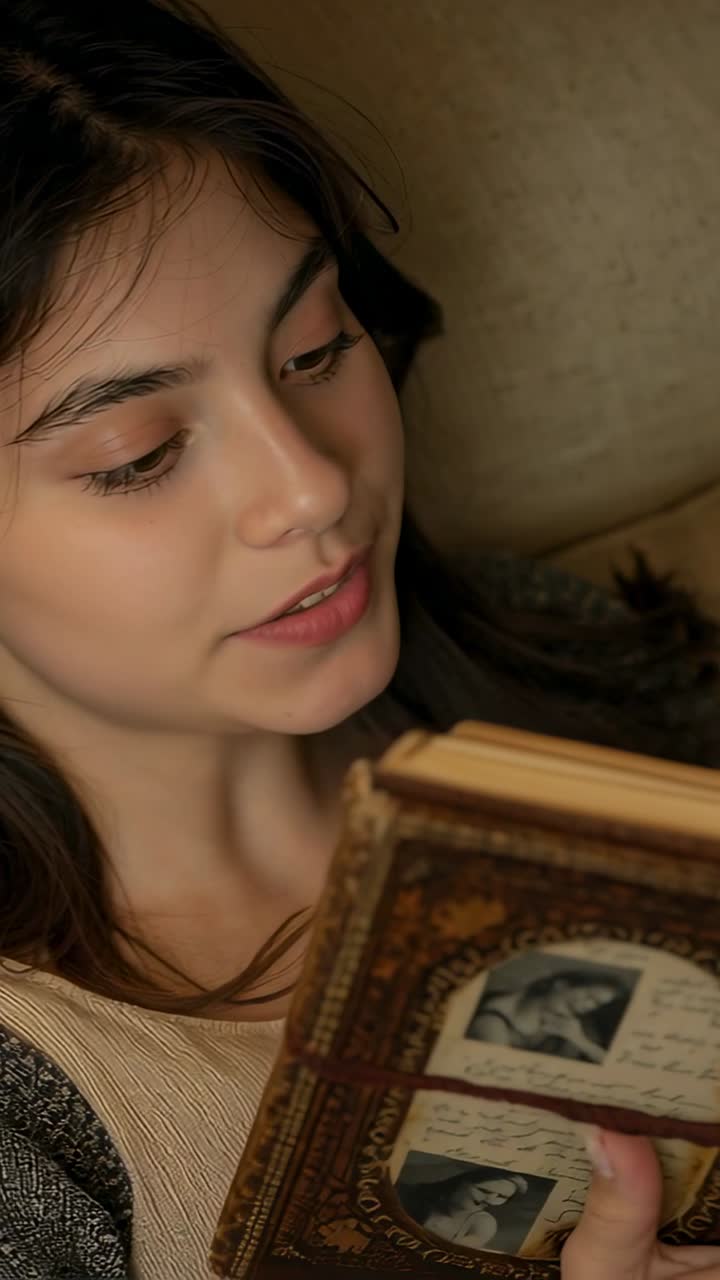 Vertical video: Lifting teen in ribbed top, reading ornate book in warm nook, turning pages