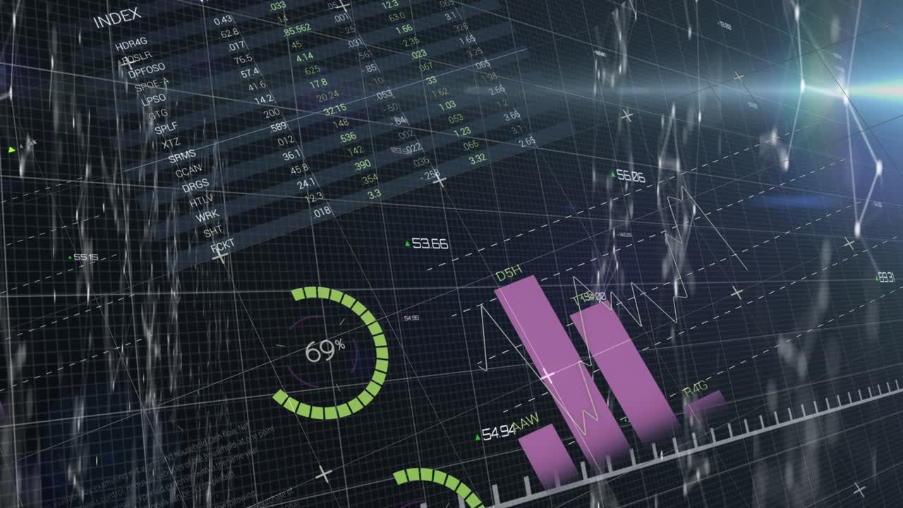 Animation of multicolored infographic interface moving over grid pattern