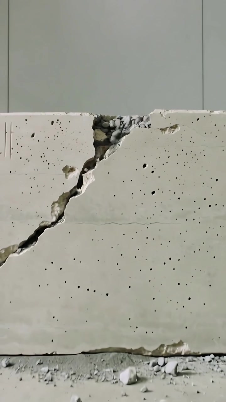 Video verticale: Versando da un'apertura superiore, una lastra di cemento rilascia detriti lungo una crepa in laboratorio.