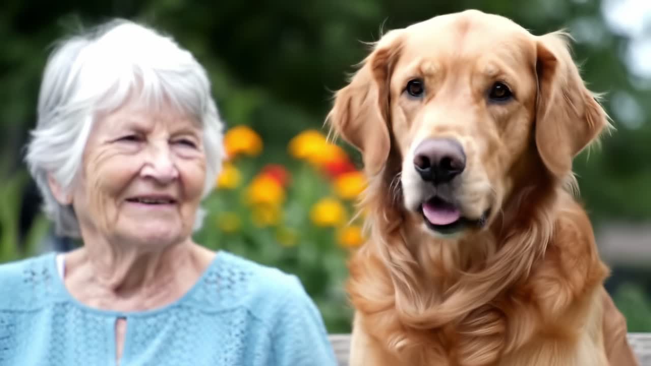 A Heartwarming Moment Between an Elderly Woman and Her Loyal Golden Retriever, Showcasing the Unbreakable Bond of Friendship and Joy in Nature
