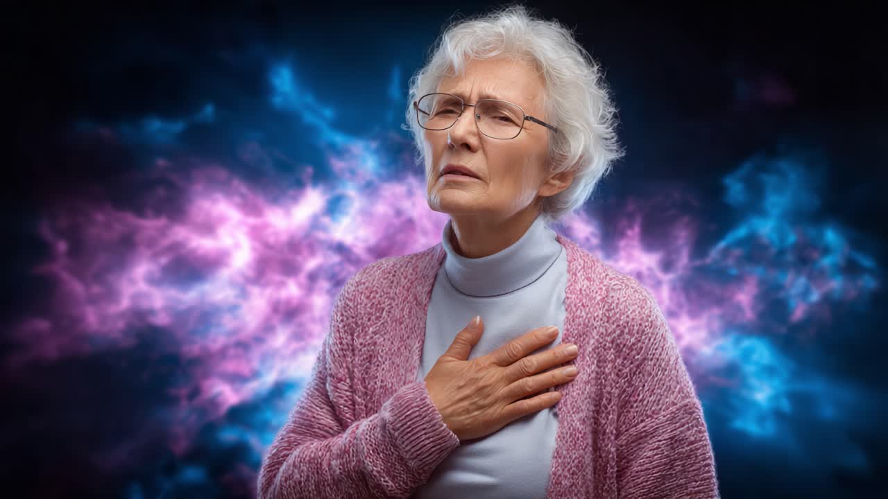 Un momento emotivo: una anciana con canas y gafas se agarra el corazón sobre un intenso fondo cósmico, lo que ilustra sentimientos de preocupación y reflexión